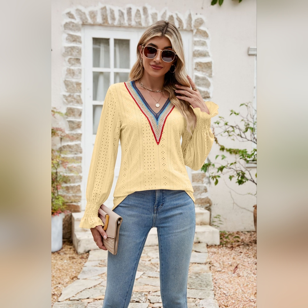 Eyelet Flounce Sleeve V-Neck Blouse